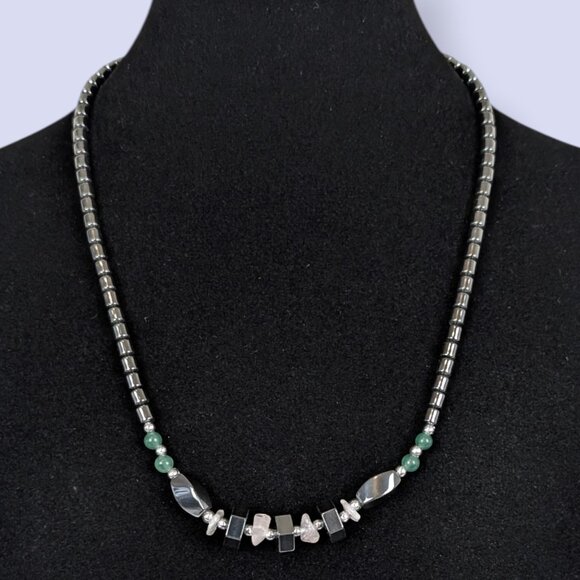 Hematite & Pink Quartz Chip Beaded Necklace - Picture 1 of 5